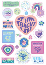 Stickerbogen A4 mit Kampagnen-Motiven, Herzen, Smileys und Regenbogen