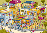 Wimmelbild mit vielen Situationen aus den Frühen Hilfen